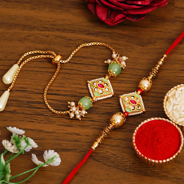Meenakari Rakhi & Bracelet Set with Free Chawal & Kumkum