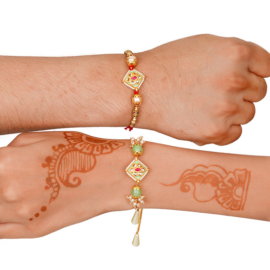 Meenakari Rakhi & Bracelet Set with Free Chawal & Kumkum