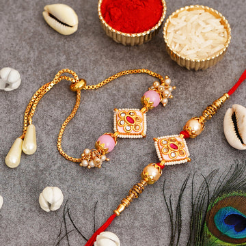 Meenakari Rakhi & Bracelet Set with Free Chawal & Kumkum