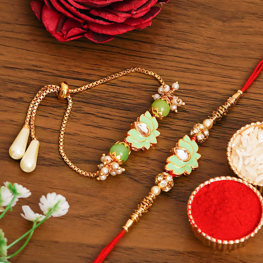Meenakari Rakhi & Bracelet Set with Free Chawal & Kumkum