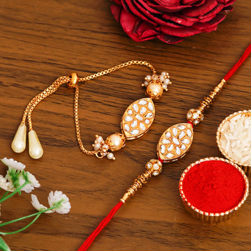Meenakari Rakhi & Bracelet Set with Free Chawal & Kumkum