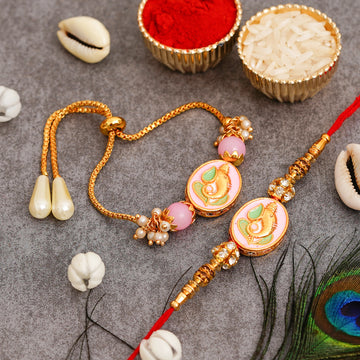 Meenakari Rakhi & Bracelet Set with Free Chawal & Kumkum