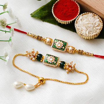 Meenakari Rakhi & Bracelet Set with Free Chawal & Kumkum