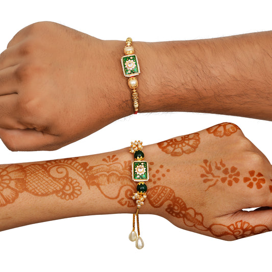 Meenakari Rakhi & Bracelet Set with Free Chawal & Kumkum