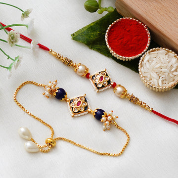 Meenakari Rakhi & Bracelet Set with Free Chawal & Kumkum