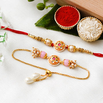 Meenakari Rakhi & Bracelet Set with Free Chawal & Kumkum