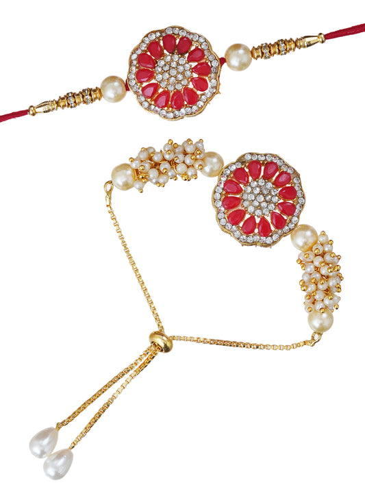 Designer Kundan Rakhi & Bracelet Set with Free Chawal & Kumkum