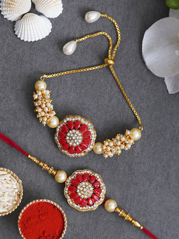 Designer Kundan Rakhi & Bracelet Set with Free Chawal & Kumkum