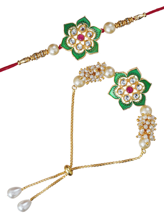 Designer Kundan Rakhi & Bracelet Set with Free Chawal & Kumkum