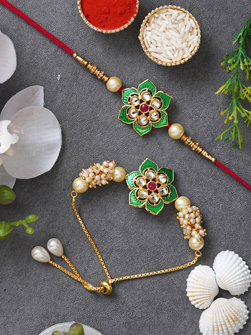 Designer Kundan Rakhi & Bracelet Set with Free Chawal & Kumkum