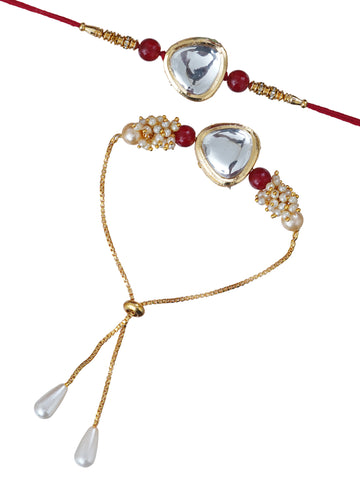 Designer Kundan Rakhi & Bracelet Set with Free Chawal & Kumkum