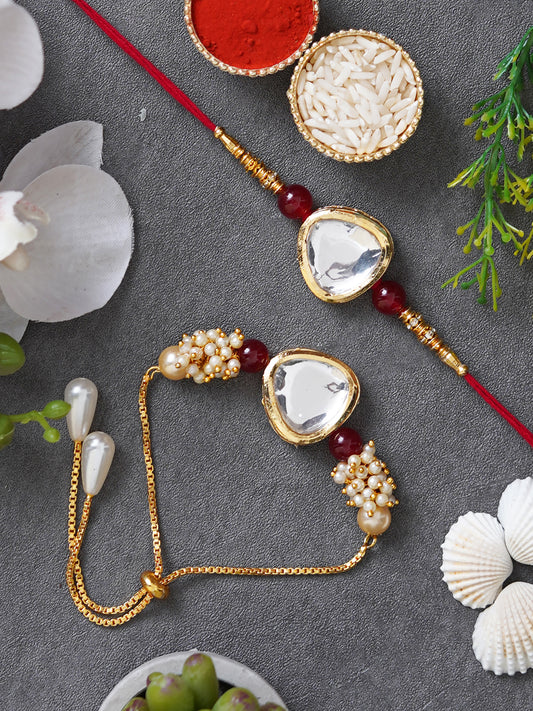 Designer Kundan Rakhi & Bracelet Set with Free Chawal & Kumkum