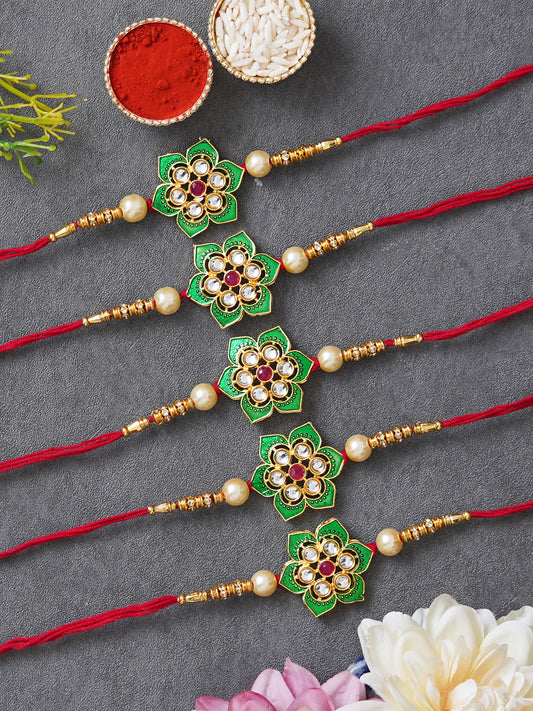 Designer Kundan Rakhi & Bracelet Set with Free Chawal & Kumkum