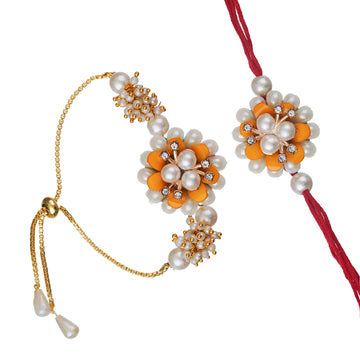 Designer Kundan Rakhi & Bracelet Set with Free Chawal & Kumkum