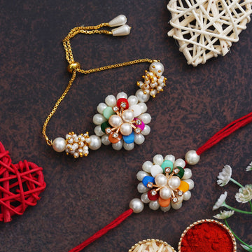 Designer Kundan Rakhi & Bracelet Set with Free Chawal & Kumkum