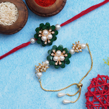 Designer Kundan Rakhi & Bracelet Set with Free Chawal & Kumkum