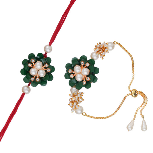 Designer Kundan Rakhi & Bracelet Set with Free Chawal & Kumkum