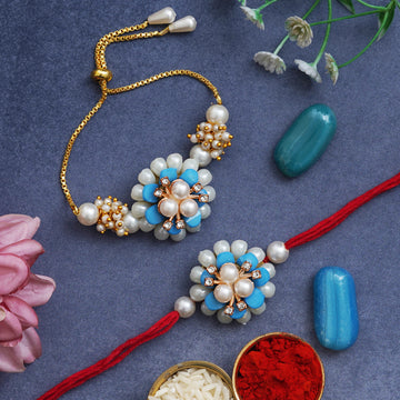 Designer Kundan Rakhi & Bracelet Set with Free Chawal & Kumkum