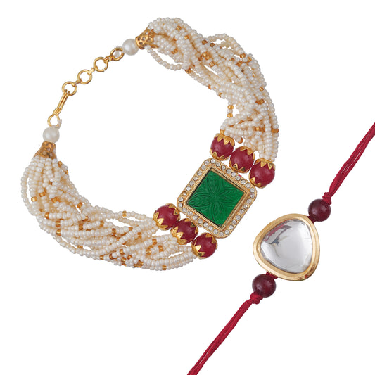 Kundan Rakhi & Multi-Strand Bracelet Set with Free Chawal & Kumkum