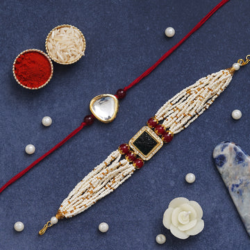 Kundan Rakhi & Multi-Strand Bracelet Set with Free Chawal & Kumkum