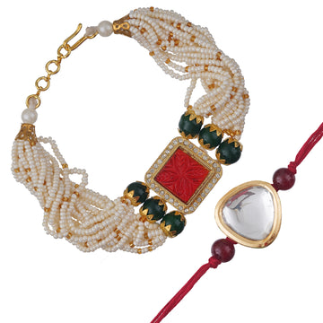 Kundan Rakhi & Multi-Strand Bracelet Set with Free Chawal & Kumkum