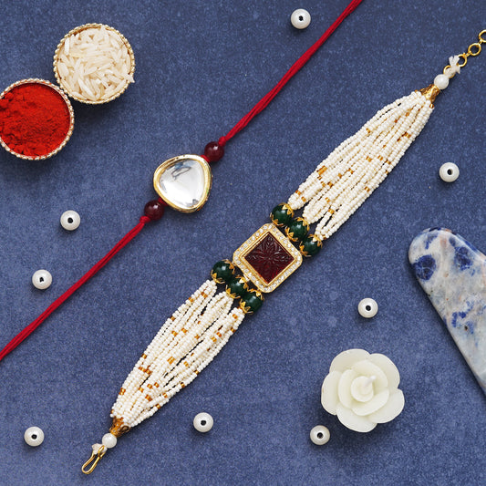 Kundan Rakhi & Multi-Strand Bracelet Set with Free Chawal & Kumkum