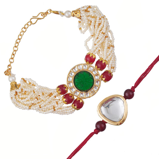 Kundan Rakhi & Multi-Strand Bracelet Set with Free Chawal & Kumkum