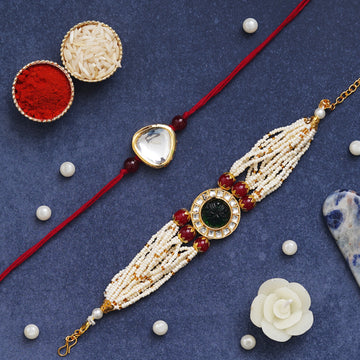Kundan Rakhi & Multi-Strand Bracelet Set with Free Chawal & Kumkum