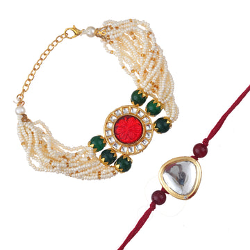Kundan Rakhi & Multi-Strand Bracelet Set with Free Chawal & Kumkum