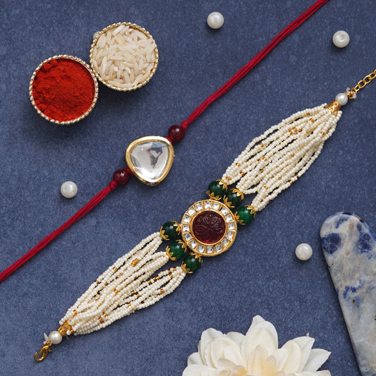 Kundan Rakhi & Multi-Strand Bracelet Set with Free Chawal & Kumkum
