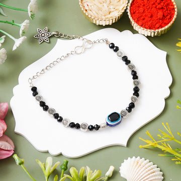 Black Beaded Evil Eye Bracelet Rakhi with Free Chawal & Kumkum