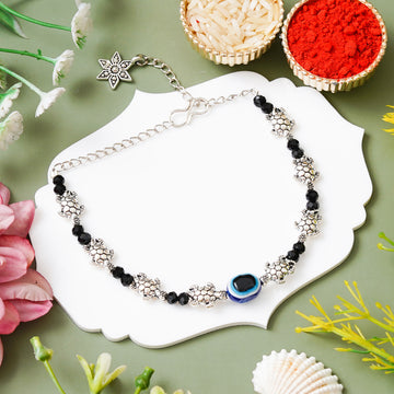 Black Beaded Evil Eye Bracelet Rakhi with Free Chawal & Kumkum