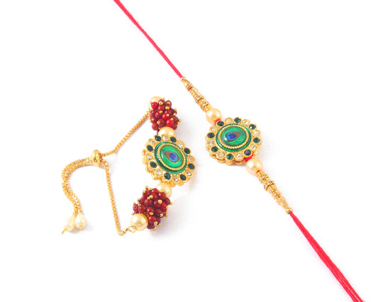 Peacock Design Rakhi & Bracelet Set with Free Chawal & Kumkum