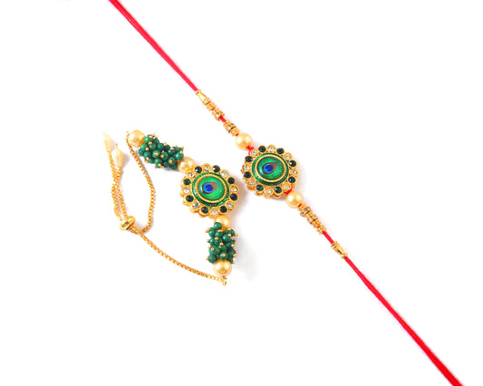 Peacock Design Rakhi Set with Free Chawal & Kumkum