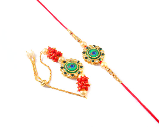 Peacock Design Rakhi Set with Free Chawal & Kumkum