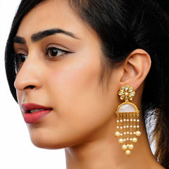 Women Brass Gold Plated Pearl Kundan Hanging Earrings (Light Pink)