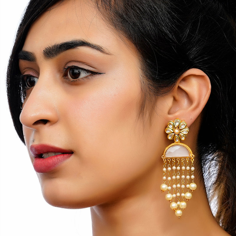 Women Brass Gold Plated Pearl Kundan Hanging Earrings (Light Pink)