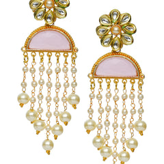 Women Brass Gold Plated Pearl Kundan Hanging Earrings (Light Pink)
