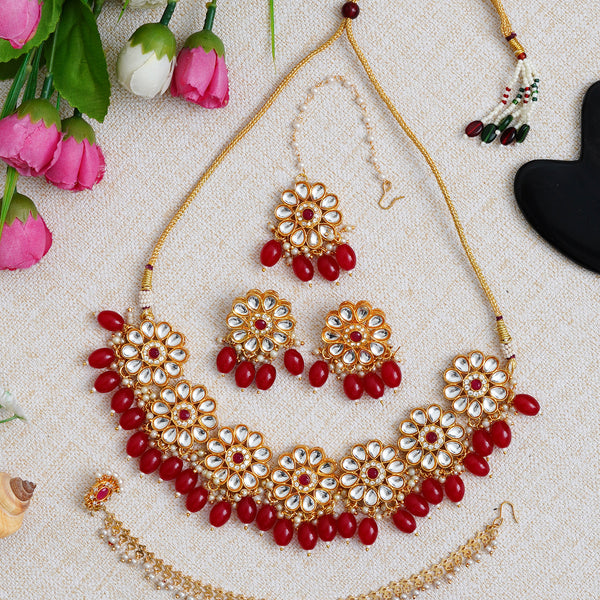 Brass Gold-plated Maroon Jewellery Set