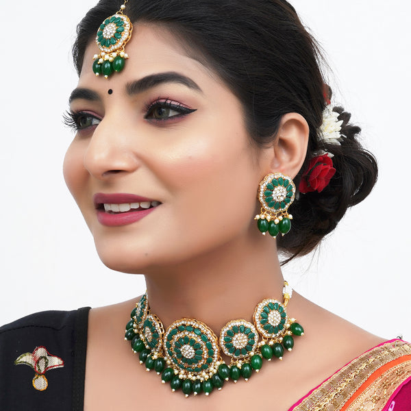 Brass Gold-plated Green Jewel Set  (Pack of 4)