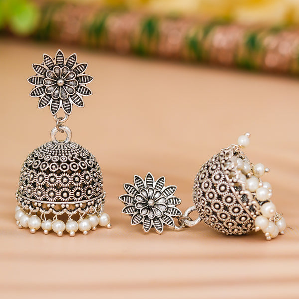 Oxidised Jhumka Earrings Silver Afghani Antique Floral Design Jhumki Pearl Drop Traditional Jewellery for Women and Girls