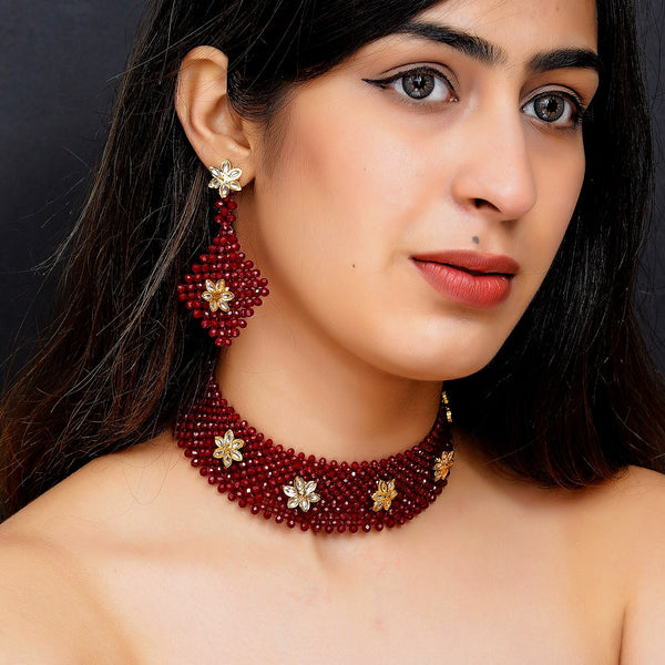Glass Brass Maroon Jewellery Set