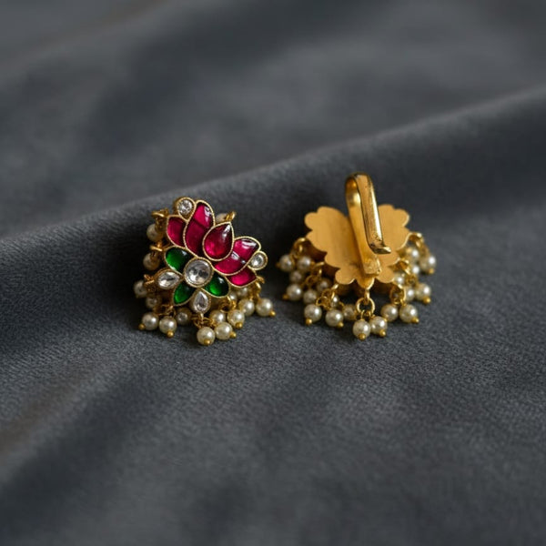 Grand Jadau Kundan Lotus Floral Bugadi Earrings with Pearls
