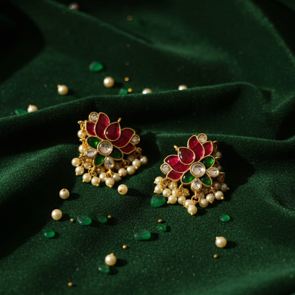 Grand Jadau Kundan Lotus Floral Bugadi Earrings with Pearls