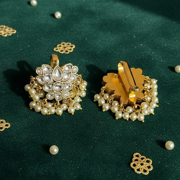 Grand Jadau Kundan Lotus Floral Bugadi Earrings with Pearls