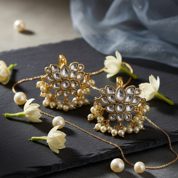 Grand Jadau Kundan Lotus Floral Bugadi Earrings with Pearls
