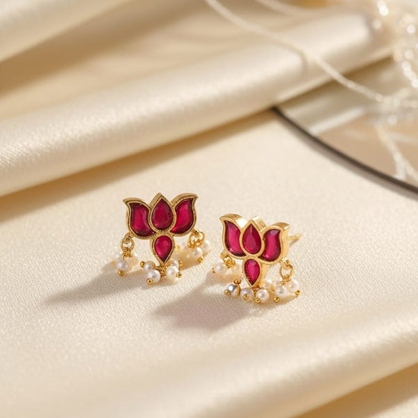 Lotus Jadau Kundan Earrings with Pink Stones