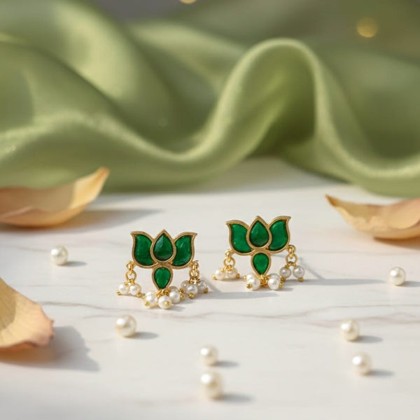 Lotus Jadau Kundan Earrings with Green Stones