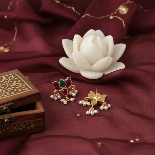 Lotus Jadau Kundan Earrings with Pink-Green Stones