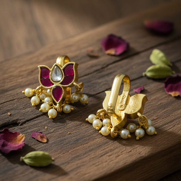 Elegant Lotus Bugadi Earrings with Pearls | Ahoora